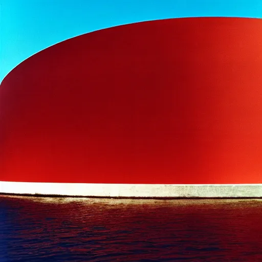 Prompt: a photo of a massive circular Non-Euclidean clay building floating in the ocean, vintage photo, beautiful cinematography, blue sky, surreal, film grain, symmetrical, coliseum, James Turrell