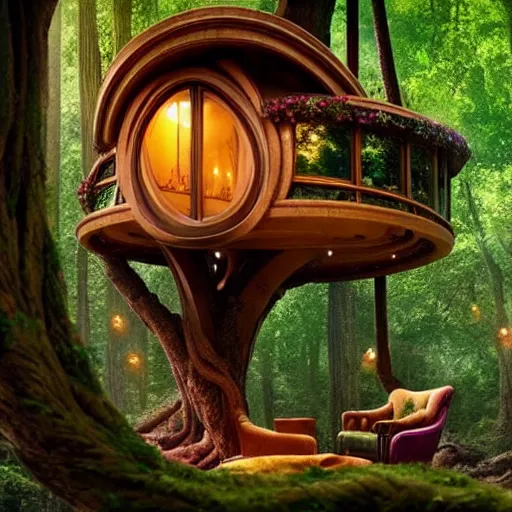 Image similar to An incredibly beautiful scene from a 2022 Marvel film featuring a cozy art nouveau reading nook in a fantasy tree house. 8K UHD.