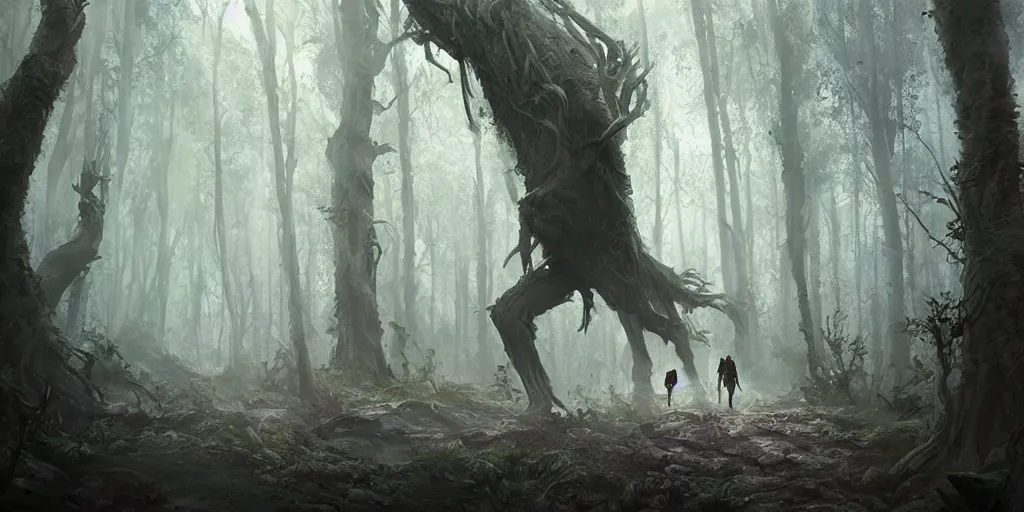 Image similar to evil treebeard walking in an ancient forest, greg rutkowski, 8 k, shallow depth of field, ultra high detail, concept art,