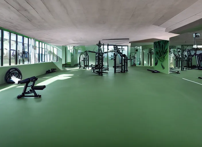 Image similar to photograph of a gym build on a bunker, cinematographic, sharp focus, elegant, green light