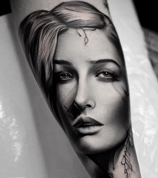 Image similar to a beautiful girl portrait, faded mountain background, realism tattoo, in the style of den yakovlev, black and white, hyper realistic, highly detailed