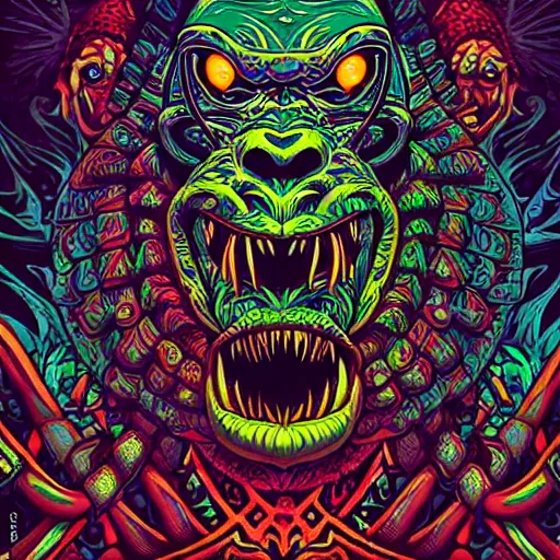 Image similar to barong family member at pool party, wiwek, mara demon, one single tribe member, jungle, one single mask, dark, ancient warrior, gorilla, lizard, tribal, inner glow, art by dan mumford and justin gerard