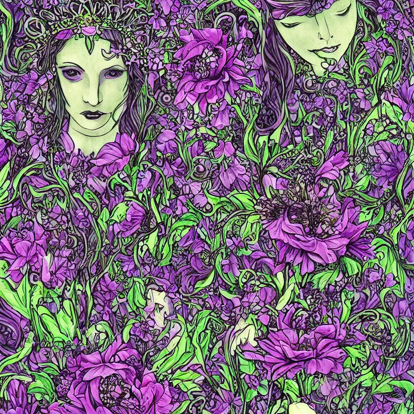 Prompt: tranquil oblivion, floral queen and prince, Gothic psychedelic flowers, artwork by artgem