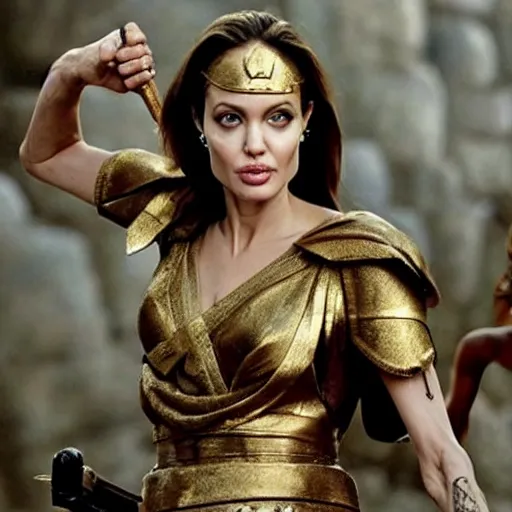 Image similar to angelina jolie as the greek goddess athena, fighting in battle, action scene, live action, dynamic