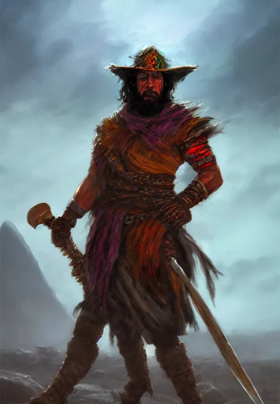 Image similar to a solitary randy savage wearing a colourful heavy cloak alone full body rocky desolate wasteland fire lit | portrait | fantasy impressionist oil painting | matte painting | matte drawing | middle earth | pathfinder | artstation deviant art | sword and sorcery | pintrest | conan | darksun | d & d dungeons and dragons | barbarian