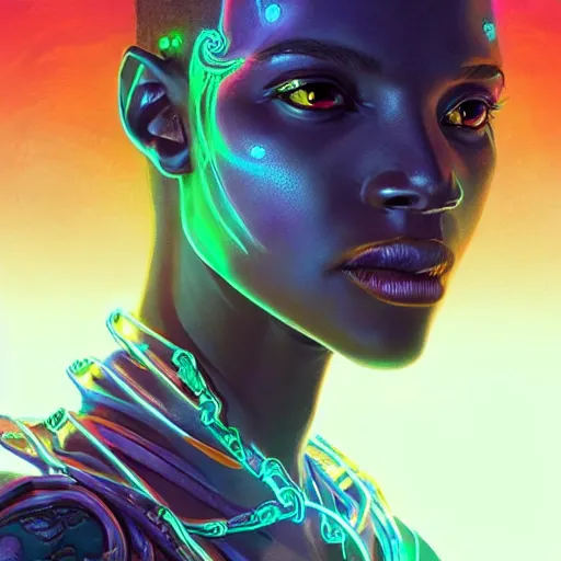 Image similar to african neon necromancer, science fiction, highly detailed, digital painting, beautiful eyes, symmetry, concept art, sharp focus, illustration, global illumination, radiant light, synthwave colors, detailed and intricate environment, art by artgerm and greg rutkowski and magali villeneuve and ilya kuvshinov!