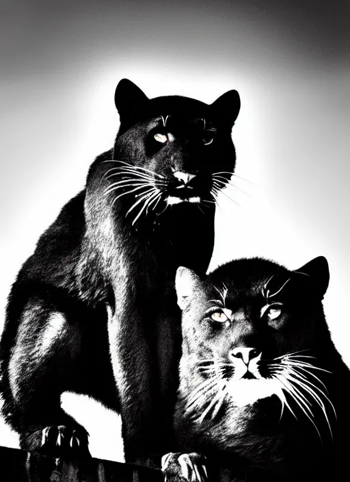 Image similar to two black panthers black and white portrait white sky in background