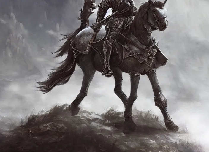 Prompt: knight on horseback, fantasy art, very detailed, beautiful, dark souls, lush landscape, trending on artstation, pixiv