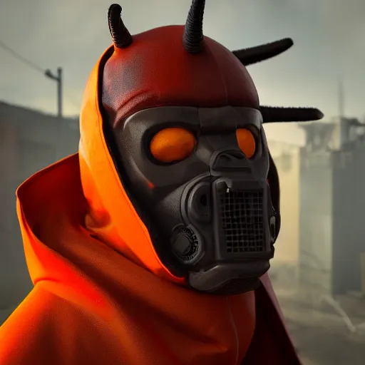 Image similar to hooden villain wearing a red oni mask, orange hazmat suit, dark background, unreal engine 5, ultra realistic, detailed, fog, volumetric lighting, by greg rutkowski,