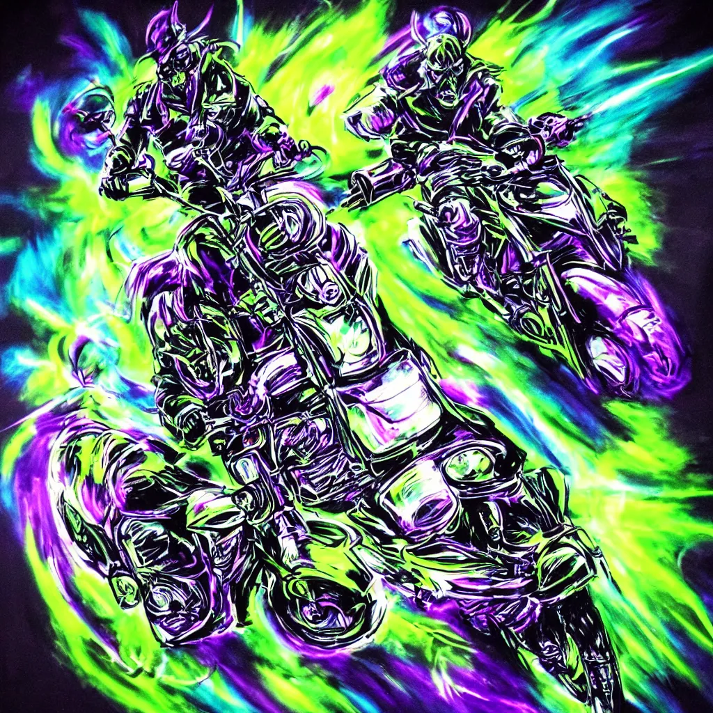 Image similar to psychedelic blacklight airbrush artwork, hyper stylized action shot of an orc biker riding a motorcycle, airbrushed on a black background