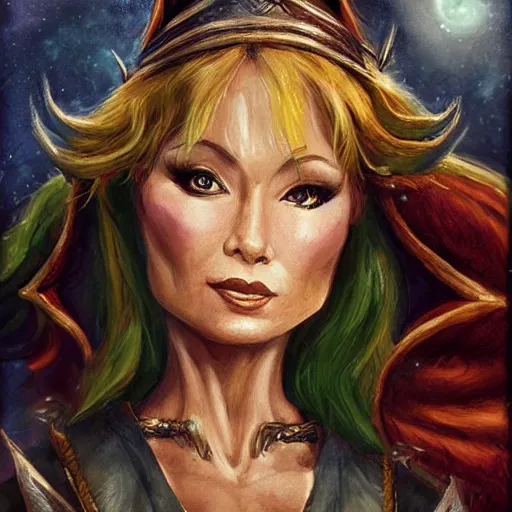 Image similar to Character portrait, face close up: Half Elf Female Celestial Warlock (with imp familiar). Tori Amos avenging angel. In the style of Ralph Horsley