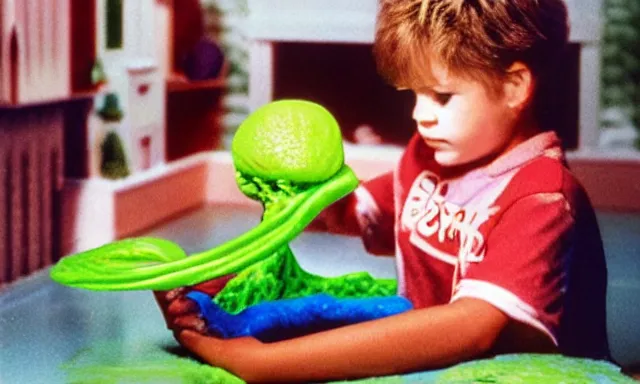 Image similar to kid playing with slime monster, realistic, toy commercial photo, photo from the 80s