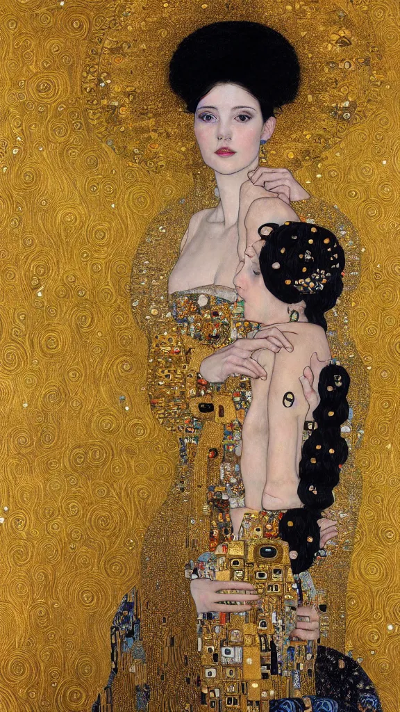 Image similar to a soft and breathtaking detailed painting of a beautiful black haired woman with pale skin and a crown on her head sitted on an intricate metal throne in the style of gustav klimt, blonde hair, shiny gold, elegant, highly detailed, artstation, fluo colors, concept art, matte, sharp focus, art by gustav klimt