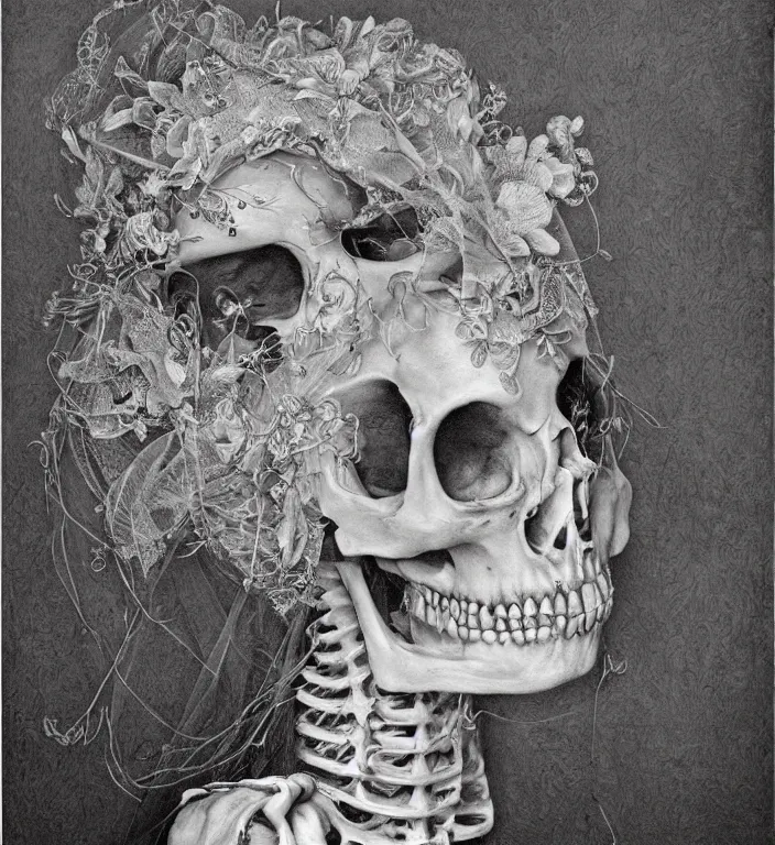 Prompt: portrait of a Bride's skeleton in veil with floral pattern by Laurie Lipton, high detailed, realistic,dark surrealism, hyper detailed