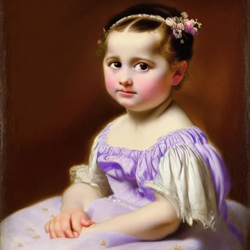 Image similar to portrait of a german toddler princess sitting down in a silk lavender gown, circa 1 8 3 7, by carl joseph begas, highly detailed, beautiful, oil on canvas, 1 8 3 0 s, romanticism