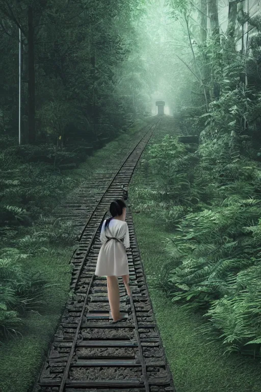 Image similar to Standing Japan girl looking and waiting to the old train heading the station with cat sitting on her right, dense creepy forest, overgrown rails, 50mm photo, highly detailed, hyper realistic, matte painting, 4k, 8k resolution, trending on artstation, octane render, unreal engine, cinematic