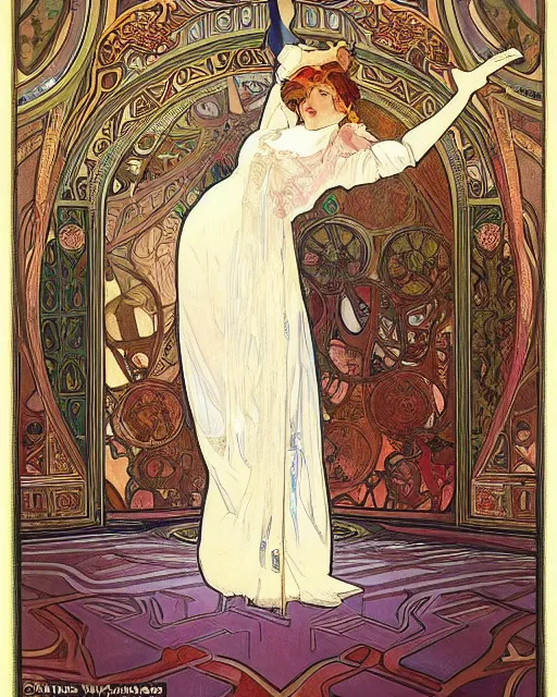 Image similar to painting by alphonse mucha, the interior of the opera house, in the depth of the hall there is an illuminated stage with a singer in a white dress, a palette of pastel colors