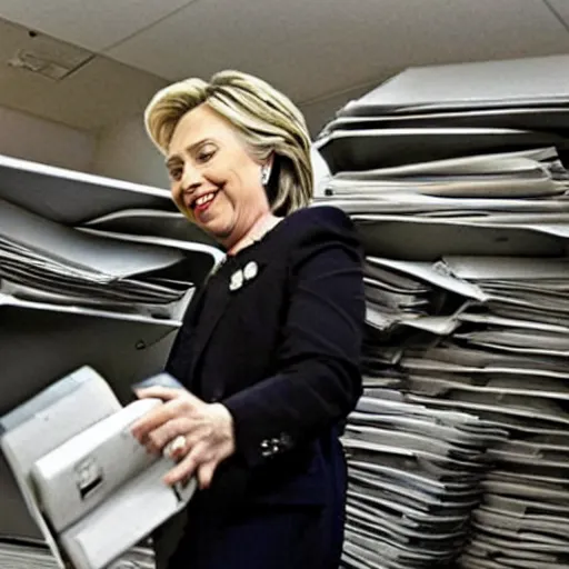 Image similar to a candid photo of hillary clinton as she desperately tries, unsuccessfully, to shred a large stack of laptops.