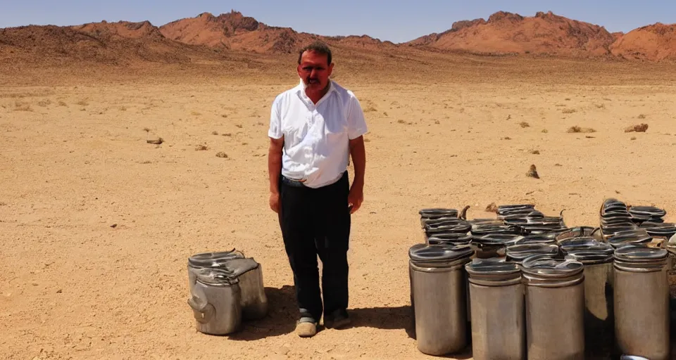 Prompt: man who sells me canteens warns me of the desert