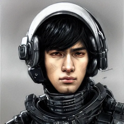 Image similar to portrait of a human by ayami kojima, he is about 2 0 years old, british, manly, straight jaw, black hair, and he is wearing a modern tactical gear, scifi, highly detailed portrait, digital painting, artstation, concept art, smooth, sharp foccus ilustration, artstation hq