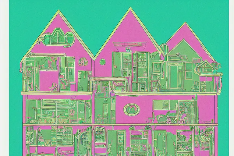 Image similar to a pink and green 2 d illustration of a cross section of a house, a storybook illustration by muti and tim biskup, featured on dribble, arts and crafts movement, behance hd, storybook illustration, dynamic composition