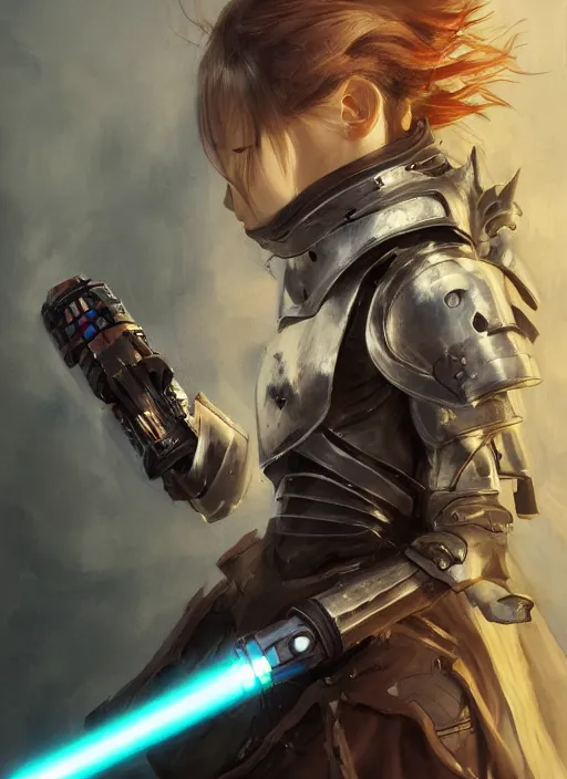 Prompt: side portrait of a humanoid shark in armor holding a lightsaber, anime, hyper - realistic, detailed, ghibli, ruan jia, wlop, fantasy, scifi, magic the gathering