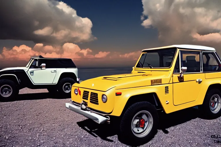 Prompt: designed by giorgetto giugiaro stylized poser of a single 1 9 8 0 dakar prepped pajero fj 4 0 testarossa, thick neon lights, ektachrome photograph, volumetric lighting, f 8 aperture, cinematic eastman 5 3 8 4 film