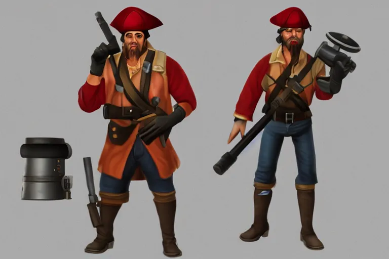 Image similar to masculine man with a pirate hat holds a bazooka, game character design