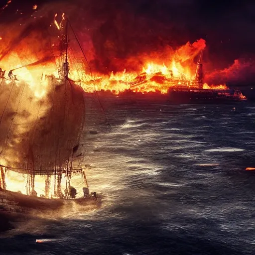 Prompt: An Epic viking sea battle at night, fire and smoke, realistic 4k octane beautifully detailed render, 4k post-processing, highly detailed, intricate complexity, epic composition, magical atmosphere, cinematic lighting, masterpiece, ultra hd