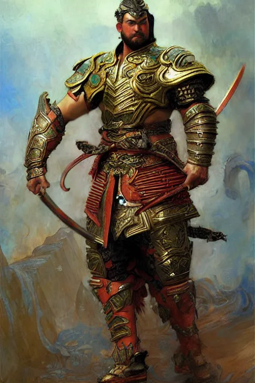 Prompt: attractive beefy male with armor, ming dynasty, character design, colorful paint, sweat, painting by gaston bussiere, craig mullins, j. c. leyendecker