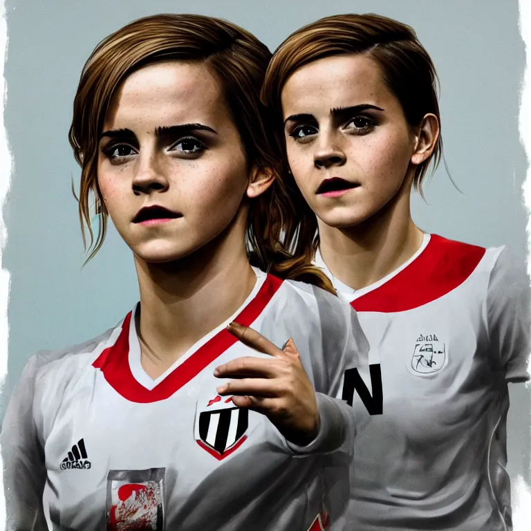 Image similar to emma watson as a lokomotiv football player, face portrait, hyper realistic, highly detailed