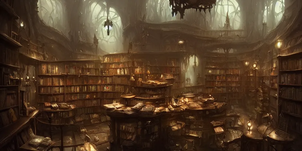 Prompt: ! dream dark book shop interior by bastien lecouffe - deharme and charles bowater, greg rutkowski, adventure game, inspired by diablo concept art