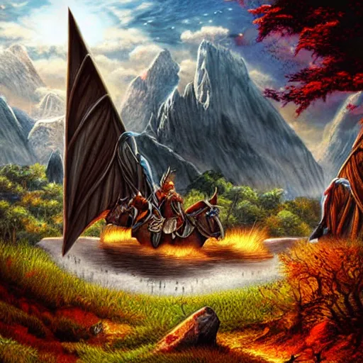 Prompt: ultra realistic illustration, epic fantasy landscape. dragonlance graphic art print by erol otus