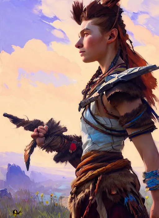 Image similar to portrait of a eastern european Aloy from Horizon Zero Dawn in the style of League of Legends practicing, countryside, calm, fantasy character portrait, dynamic pose, above view, sunny day, clouds in the sky, artwork by Jeremy Lipkin and Giuseppe Dangelico Pino and Michael Garmash and Rob Rey and Huang Guangjian, very coherent asymmetrical artwork, sharp edges, perfect face, simple form, face by Fernanda Suarez and Greg Manchess, 100mm