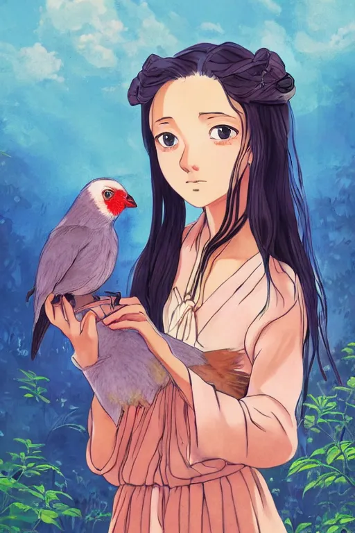 Image similar to young pretty girl holding a bird in her hands, looking touched, Fragile looking character portrait , beautiful scene; highly detailed art, by Studio Ghibli , High contrast, anime art