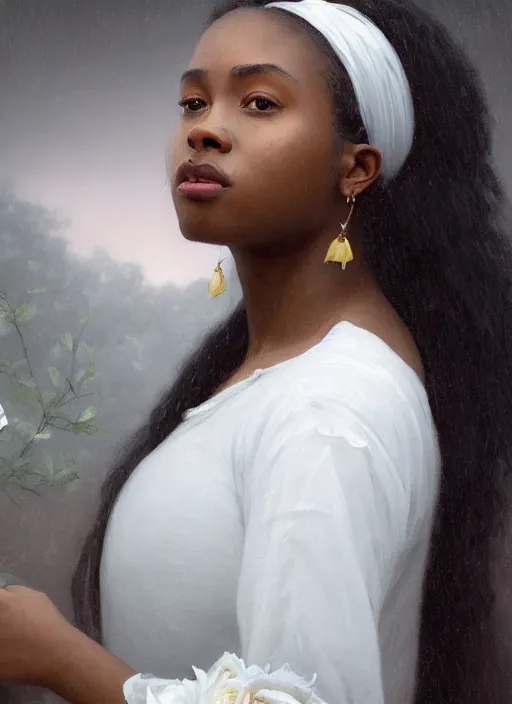 Image similar to oil painting close up portrait of a contemplative young black woman with long dark flowing hair in a white dress, covered in white roses!! at sunset, hazy, digital art, chiaroscuro, artstation, cinematic, golden hour, digital art painting by greg rutkowski, william - adolphe bouguereau, hazy atmosphere, cinematic lighting