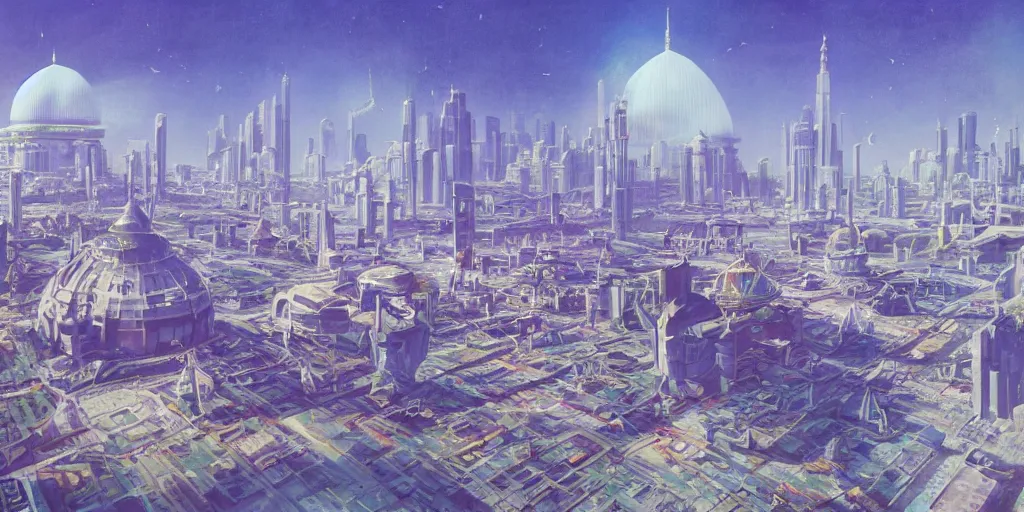 Image similar to a beautiful painting of futuristic islamic city with dome and croweded street alot of people by angus mckie, trending on artstation