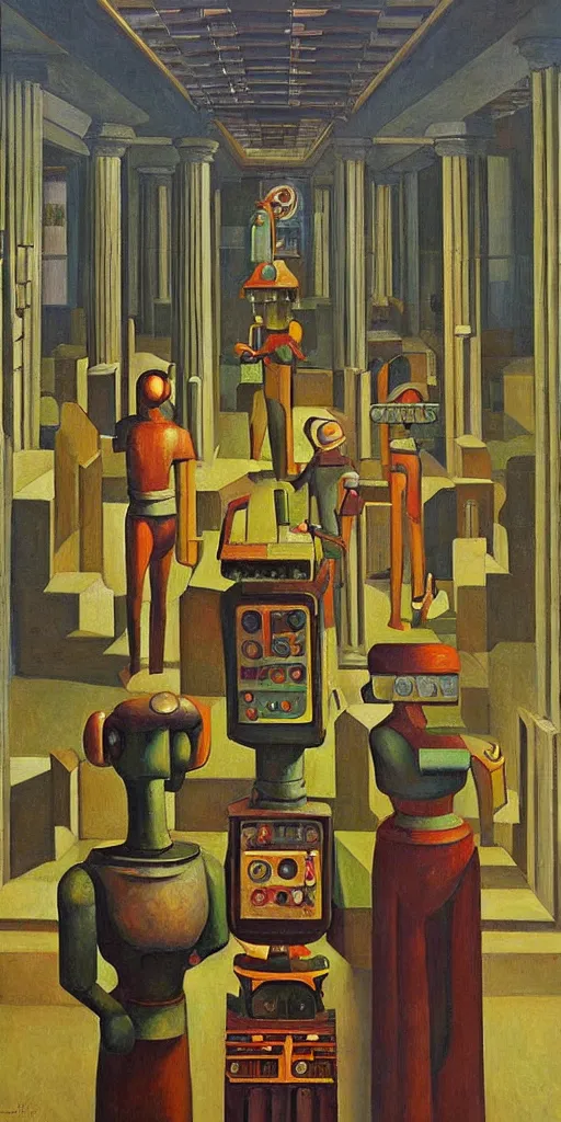 Image similar to robot druids in a grandiose atrium, grant wood, pj crook, edward hopper, oil on canvas