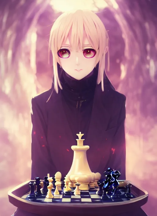 Image similar to rimuru playing chess, with golden eyes, straight sky blue hair, long bangs, black jacket, high collar, concept art, award winning photography, digital painting, cinematic, by wlop, anime key visual, wlop, 8 k, by ross tran, chengwei pan, paul kwon,