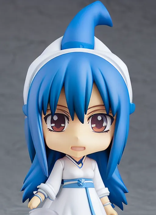 Image similar to nendoroid anime beautiful female witch with long, blue hair and green eyes, pretty symmetrical face, fullbody, white robes blue skirt, anime, nendoroid,