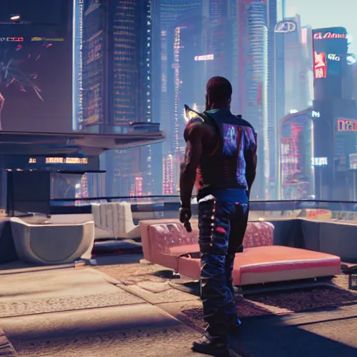 Image similar to still of david alaba in cyberpunk 2 0 7 7 lifting a white chair