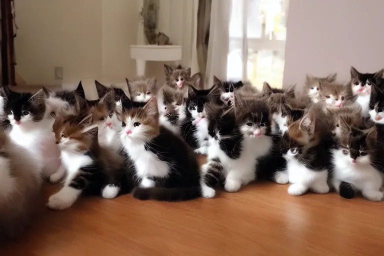 Image similar to a living room full of cute kittens that are all facing the camera