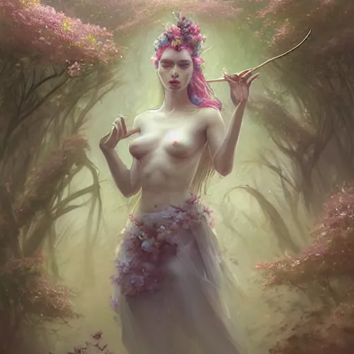 Image similar to A photorealistic rendering, full face and body portrait, long shot, pose, of a beautiful goddess, swarming in flowers, magical, pale skin, blue eyes, long black hair, floating in a misty daze, digital art by Pete Mohrbacher and Greg Rutkowski, Deviantart, Hemera, painting, photoshop, digitalart, digitalpainting, fantasy, goddess, light, photoshop, photoshoppainting