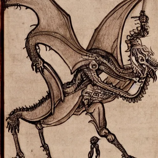 Prompt: Leonardo da Vinci drawing of a functioning mechanical dragon