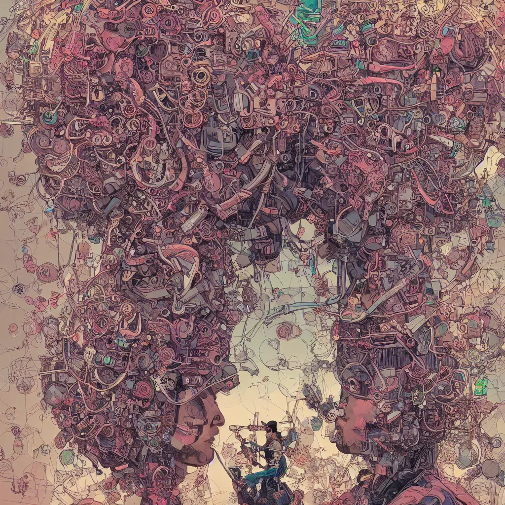 Prompt: hyper detailed comic illustration of a beautiful flower growing out of the head of a young mixed race explorer's head, cyberpunk headpiece, facing away, intricate details, vibrant, negative space, by Josan Gonzalez and Geof Darrow, highly detailed, 8k wallpaper