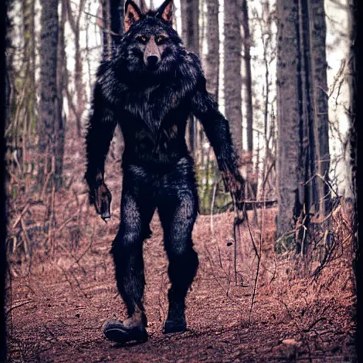 Prompt: human wolf werecreature, photograph captured at woodland creek
