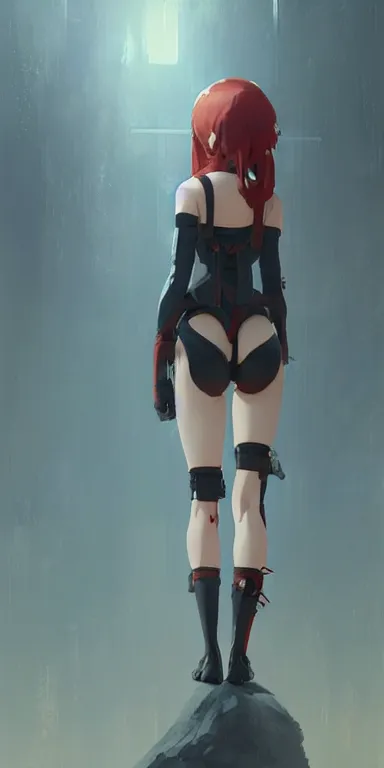 Image similar to concept art of young cute cyborg woman with medium length red hair and curvaceous body wearing shorts illustration illustration concept art anime by wlop and greg rutkowski and studio ghibli and kyoto animation