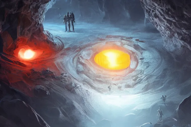 Image similar to a group of miners discover a glowing alien egg with intricate markings inside a deep diamond cave, concept art, digital painting, trending on artstation, deviantart, highly detailed, perfect composition, dramatic lighting, sharp focus, 8 k uhd
