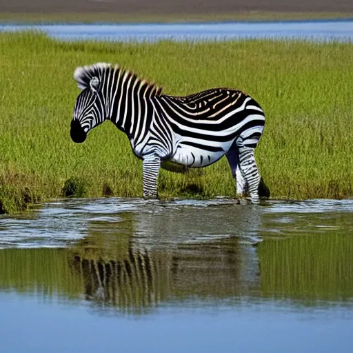 Prompt: zebra drinking water from a pond on the African savannah