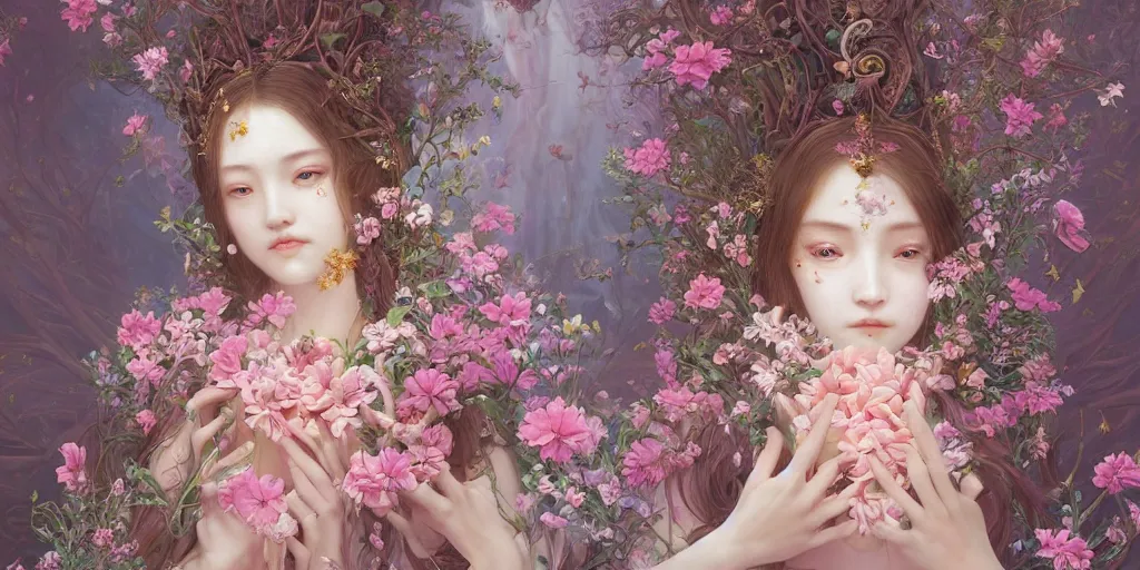 Prompt: breathtaking detailed weird concept art painting of the goddess of light pink flowers, orthodox saint, with anxious, piercing eyes, ornate background, amalgamation of leaves and flowers, by Hsiao-Ron Cheng, James jean, Miho Hirano, Hayao Miyazaki, extremely moody lighting, 8K